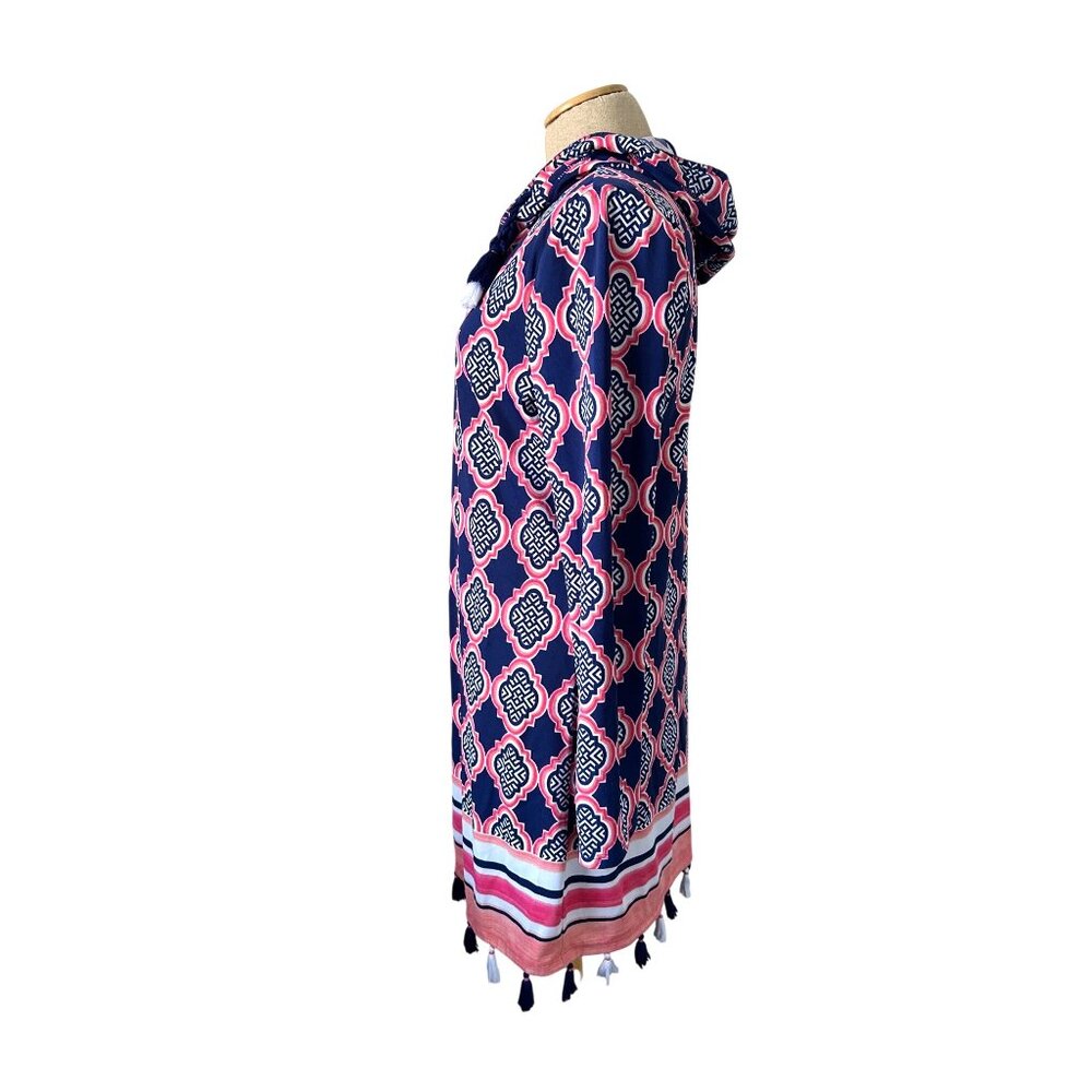 Cabana Life Women's  Sz S Hooded Tunic Cover-Up Dress Navy Pink Print W/ Tassels - Picture 3 of 12